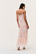 Light pink cotton-silk lace maxi skirt, back view with lace trim