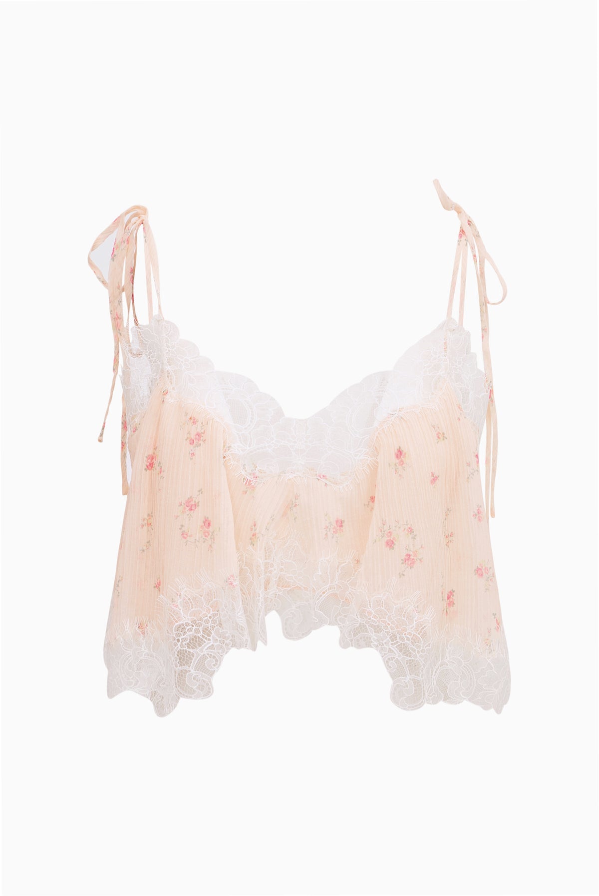 Elysia cotton-silk crop top in blush-pink, sheer lace with fringe scallops