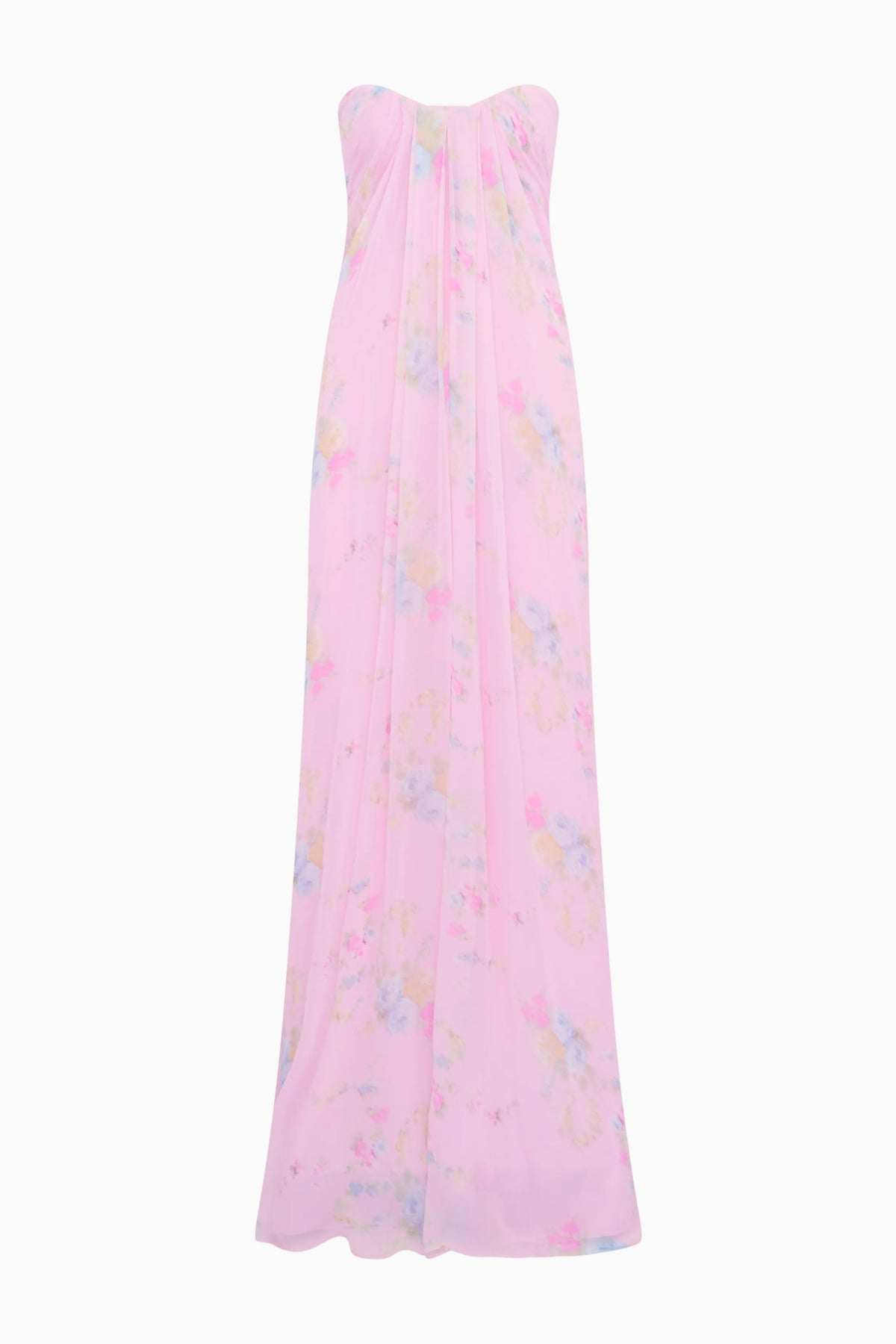 Strapless floral chiffon gown in light pink with soft drape, floor-length