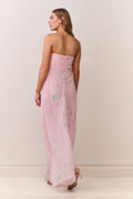 Strapless floral chiffon maxi dress, light pink with ruched bodice, back view