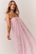 Strapless floral chiffon maxi dress in light pink, gathered bodice detail