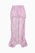 Soft wisteria high-low ruffle skirt with layered ruffle tiers and asymmetrical hem.