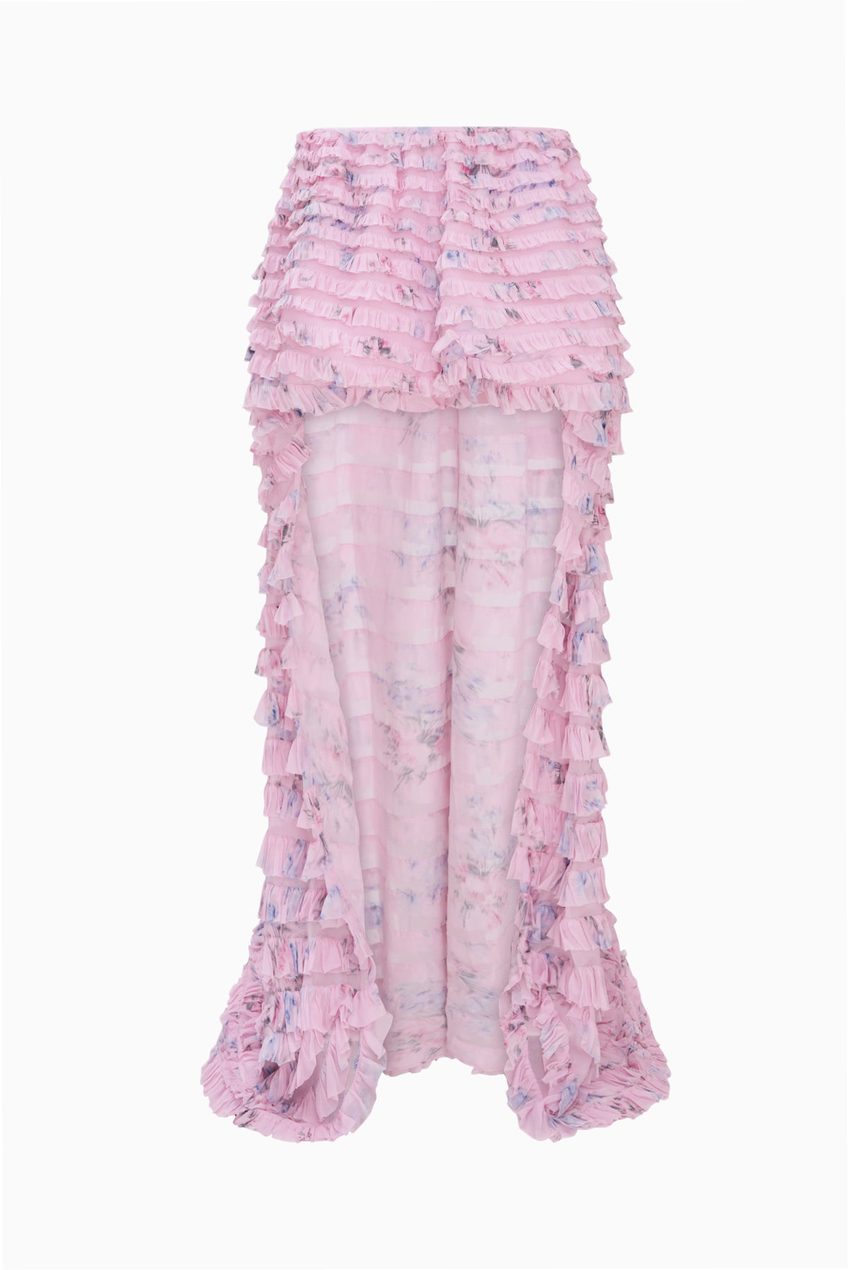 Soft wisteria high-low ruffle skirt with layered ruffle tiers and asymmetrical hem.
