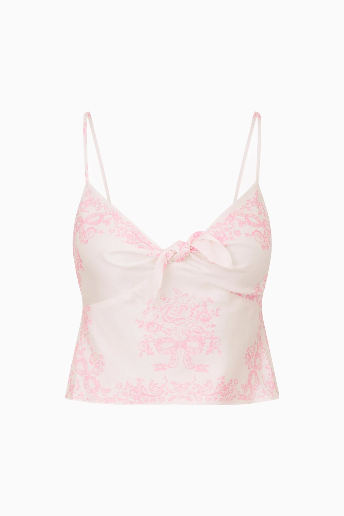 Ivory camisole top with pink floral print, spaghetti straps, bow-front