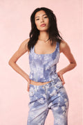 Floral denim bustier top, blue, spaghetti straps, cropped fit with center-front zipper