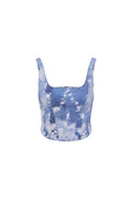 Floral denim bustier top in blue with spaghetti straps and center-front zipper