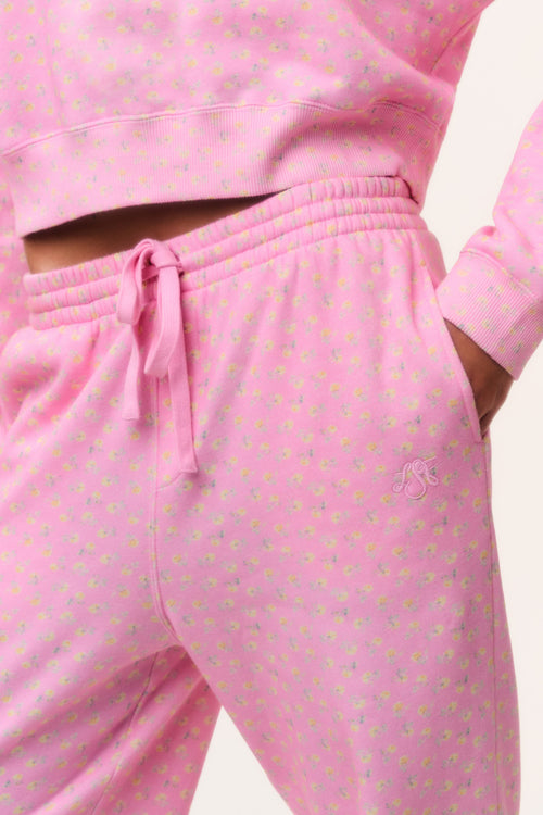 Pink ditsy floral sweatpants close-up of drawstring waist and gathered waistband