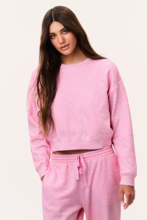Pink cropped pullover with tiny ditsy floral print, crew neck, long sleeves