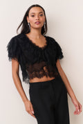 Black lace chiffon cropped top with scalloped V neckline and short ruffled sleeves