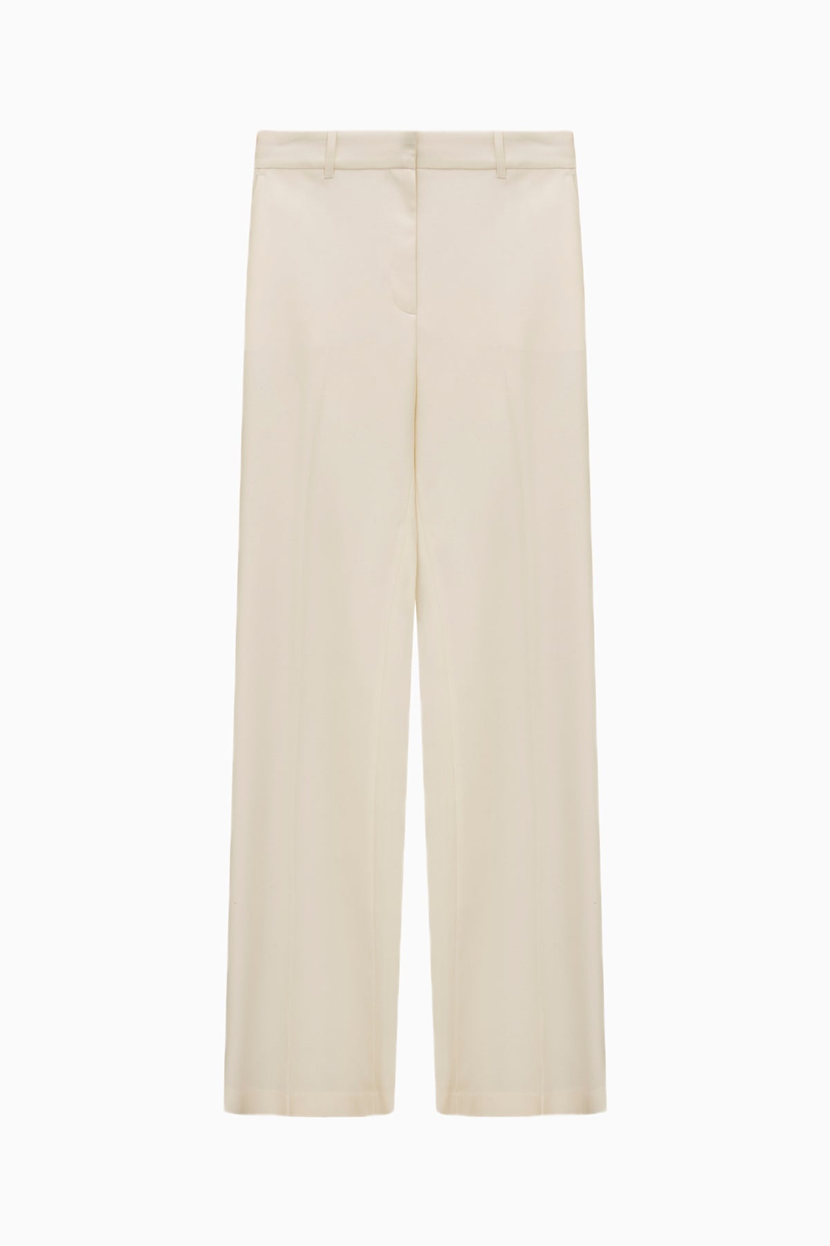 Cream wide-leg pants with smooth front and minimal seams