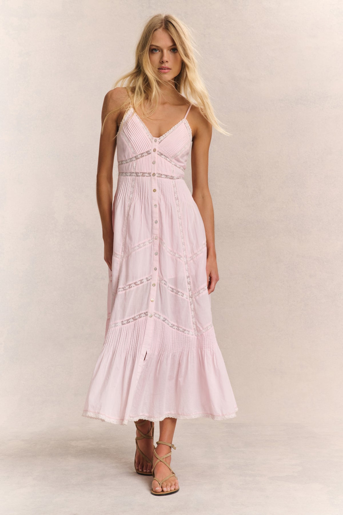 Pink cotton midi dress with spaghetti straps and button front, front view