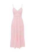 Pink cotton midi dress with spaghetti straps, vertical button front, tiered hem