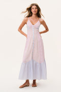 Tiered V-neck maxi dress with spaghetti straps, pink and blue floral print