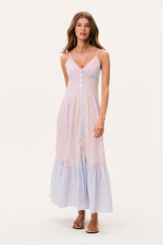V-neck maxi dress with spaghetti straps, pink-and-blue floral pattern, tiered skirt