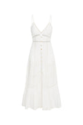 White cotton midi dress with spaghetti straps and tiered patchwork panels