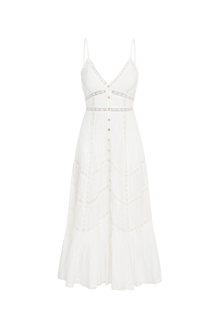 White cotton midi dress with spaghetti straps and tiered patchwork panels
