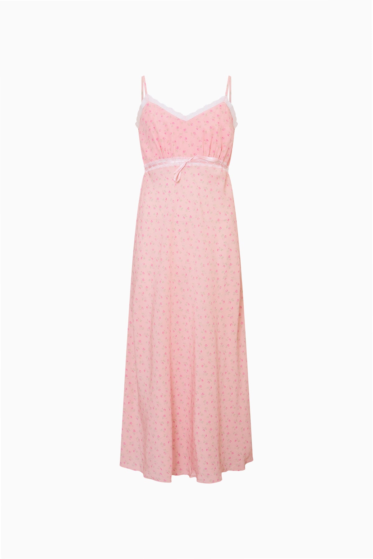 Tween floral crepe dress in light pink, spaghetti straps, scoop neckline, gathered waist