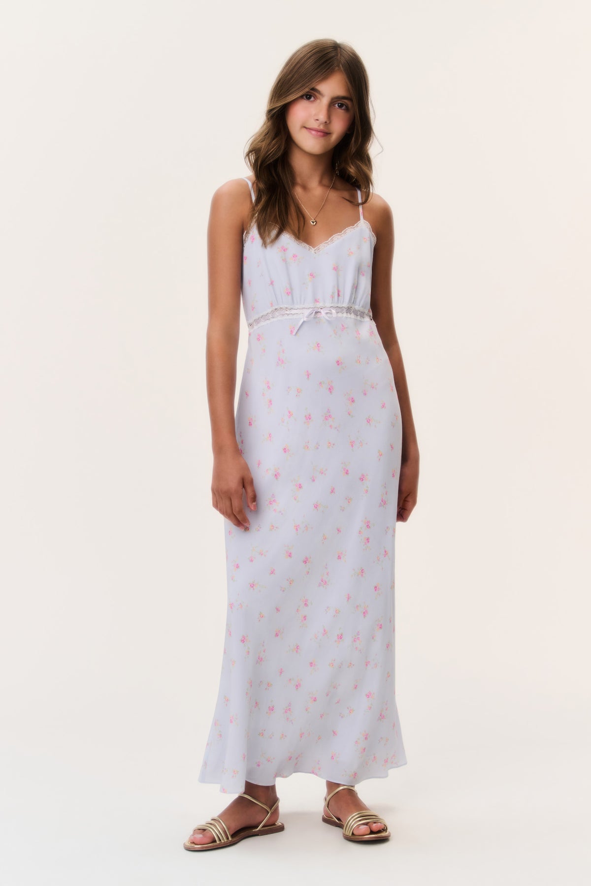 Tween floral crepe dress in pale periwinkle with spaghetti straps and gathered waist