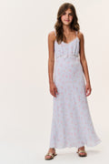 Tween floral crepe dress in pale periwinkle, front view, full maxi skirt with floral print