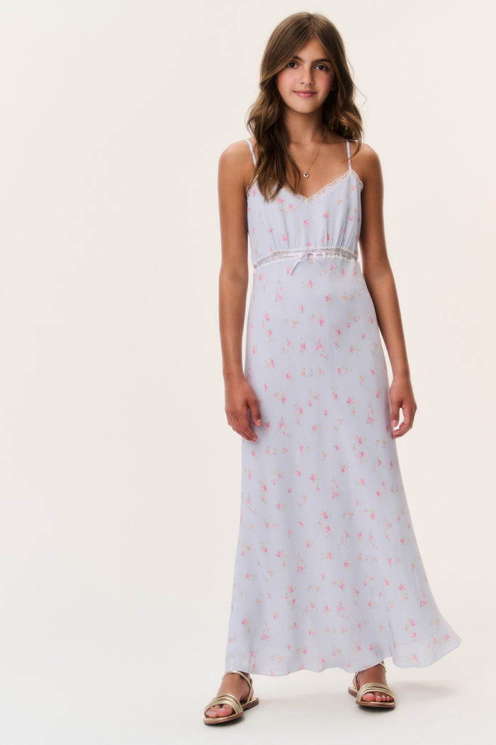 Tween floral crepe dress in pale periwinkle, front view, full maxi skirt with floral print