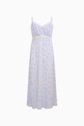Tween floral crepe dress in pale periwinkle, spaghetti straps, scoop neckline, gathered waist