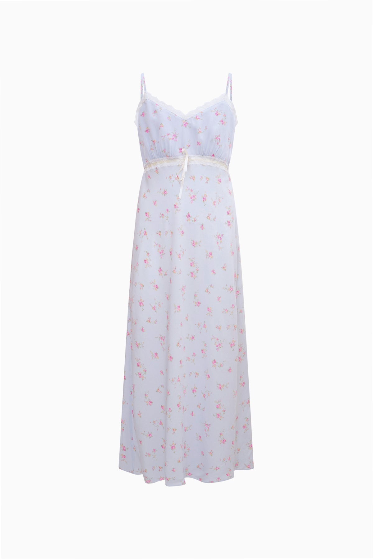 Tween floral crepe dress in pale periwinkle, spaghetti straps, scoop neckline, gathered waist