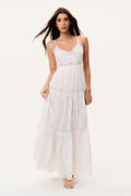 Optic white lace-trim maxi dress with spaghetti straps and tiered skirt