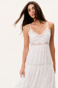 Optic white lace-trim maxi dress with scalloped bodice and spaghetti straps