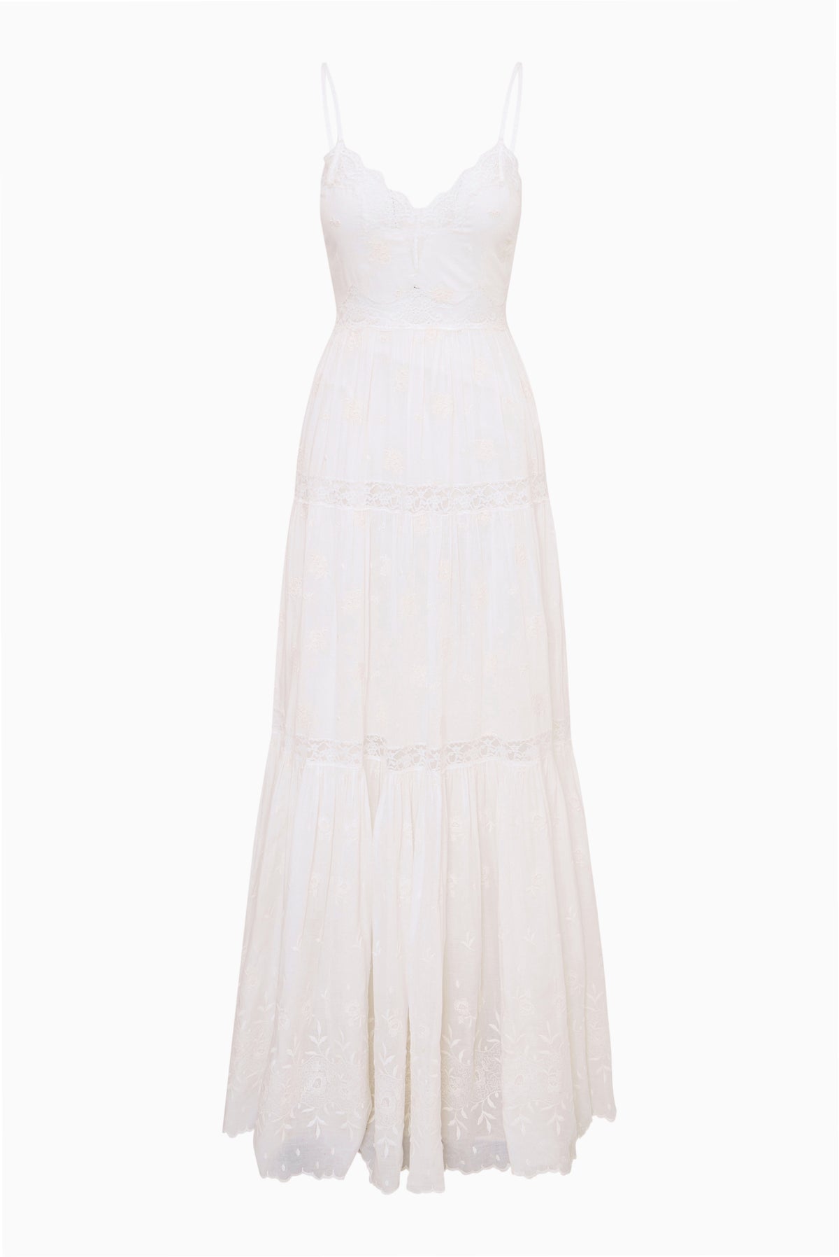 Optic white lace-trim maxi dress, sleeveless spaghetti straps, tiered hem