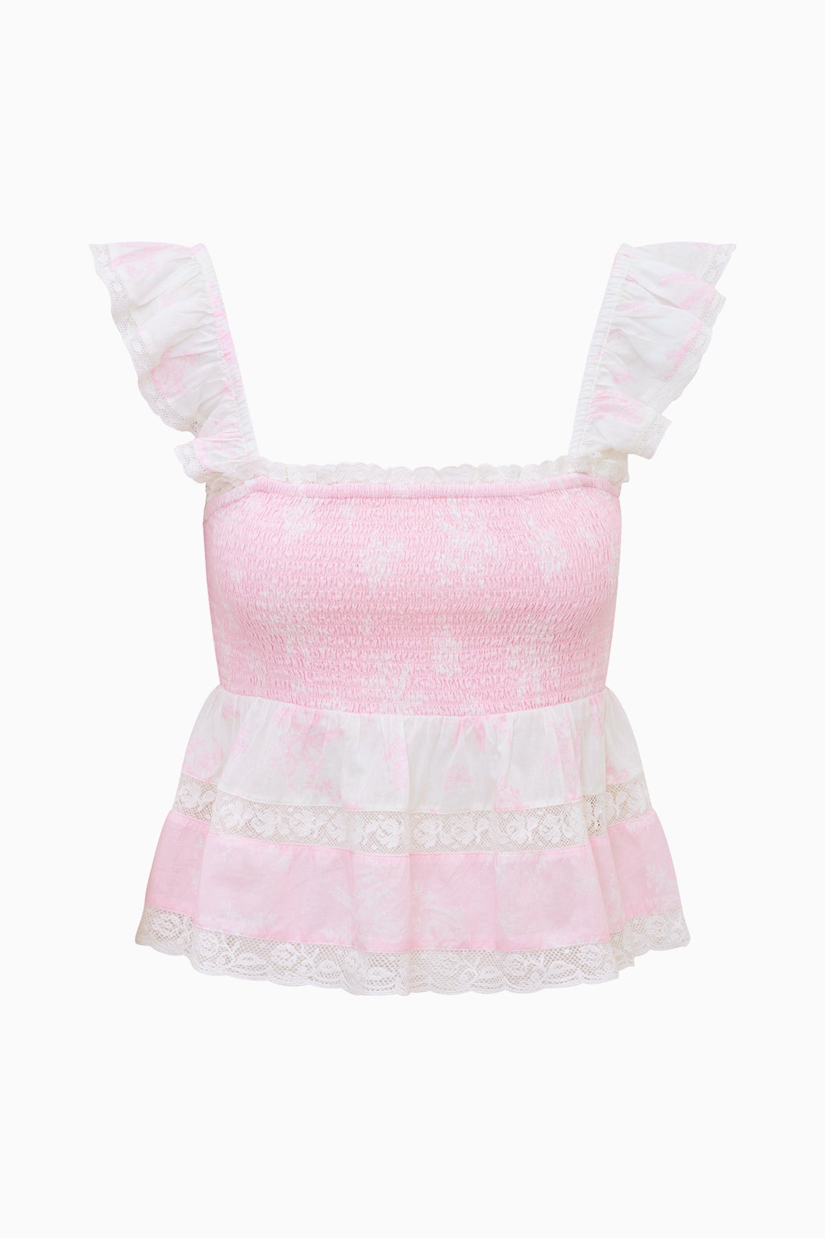 Pink peplum-style cotton top with lace-trim tiers and ruffled sleeves