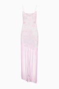 Pink floral maxi slip dress with spaghetti straps and long fringe hem.