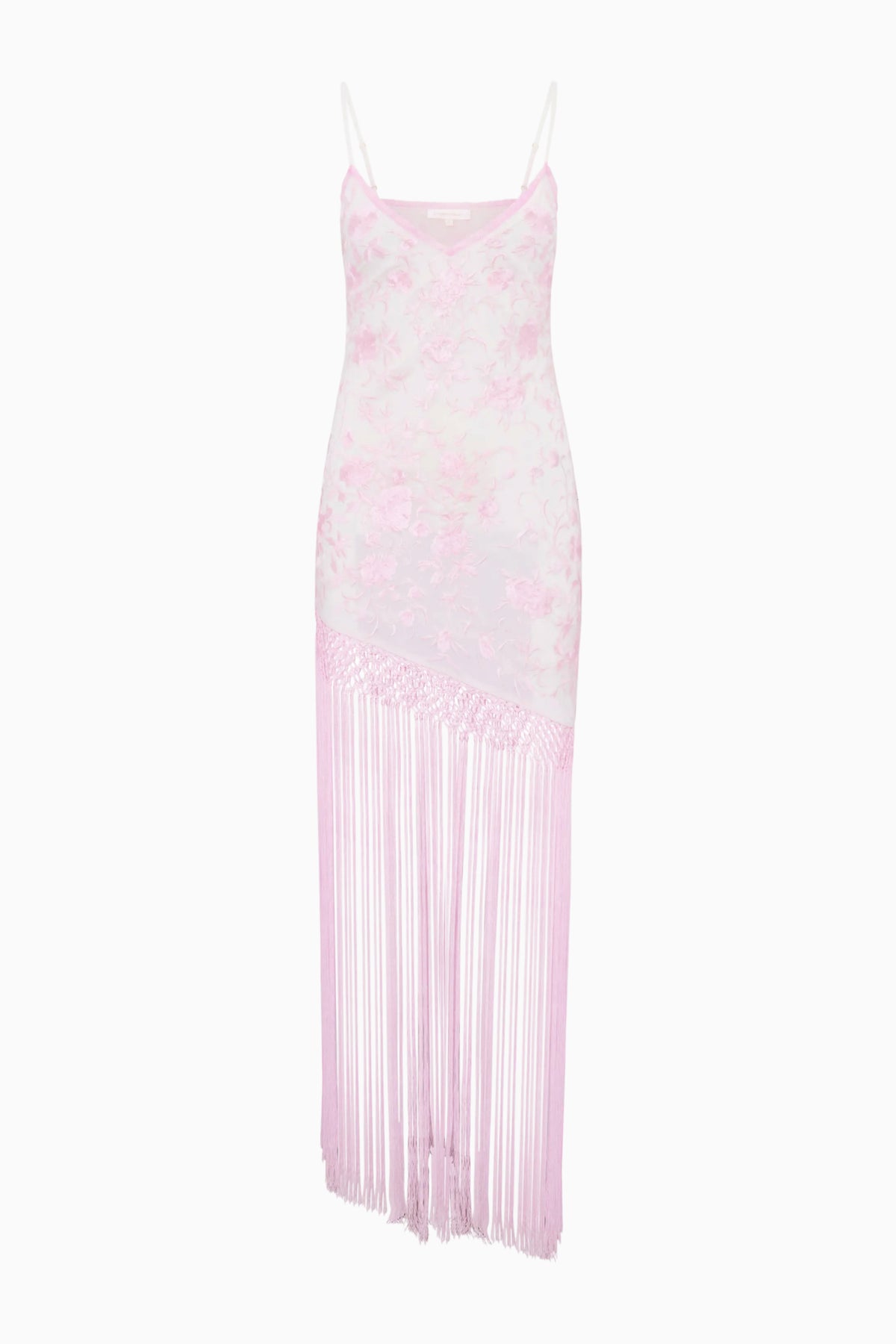 Pink floral maxi slip dress with spaghetti straps and long fringe hem.