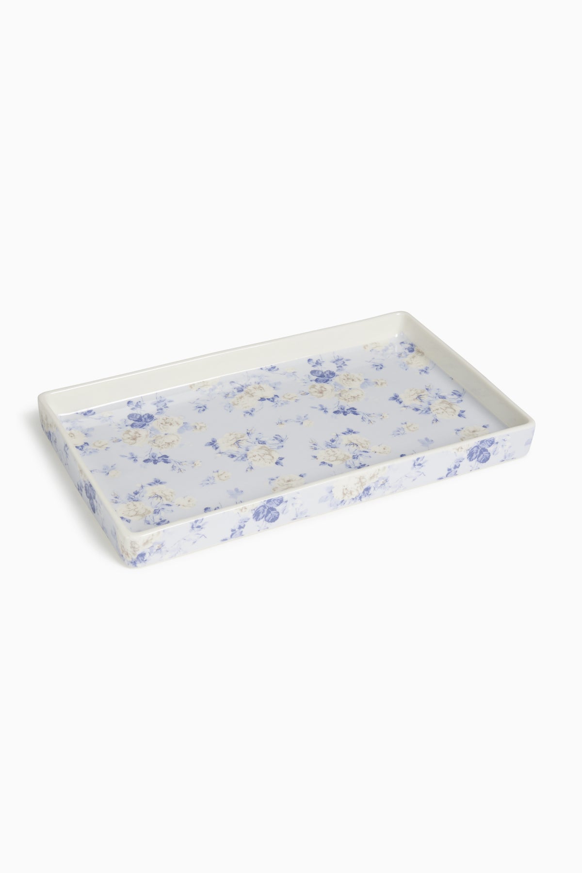Porcelain fragrance tray in white with blue floral pattern and rectangular rim