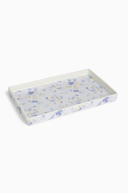 Porcelain fragrance tray in white with blue floral pattern and rectangular rim