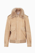 Tan suede bomber jacket with faux fur collar, front zipper, and flap pockets