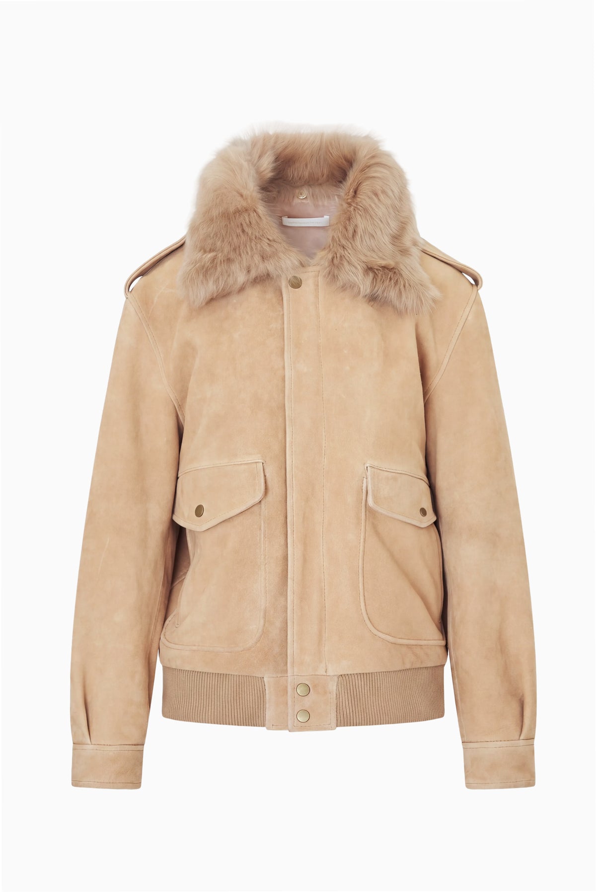 Tan suede bomber jacket with faux fur collar, front zipper, and flap pockets