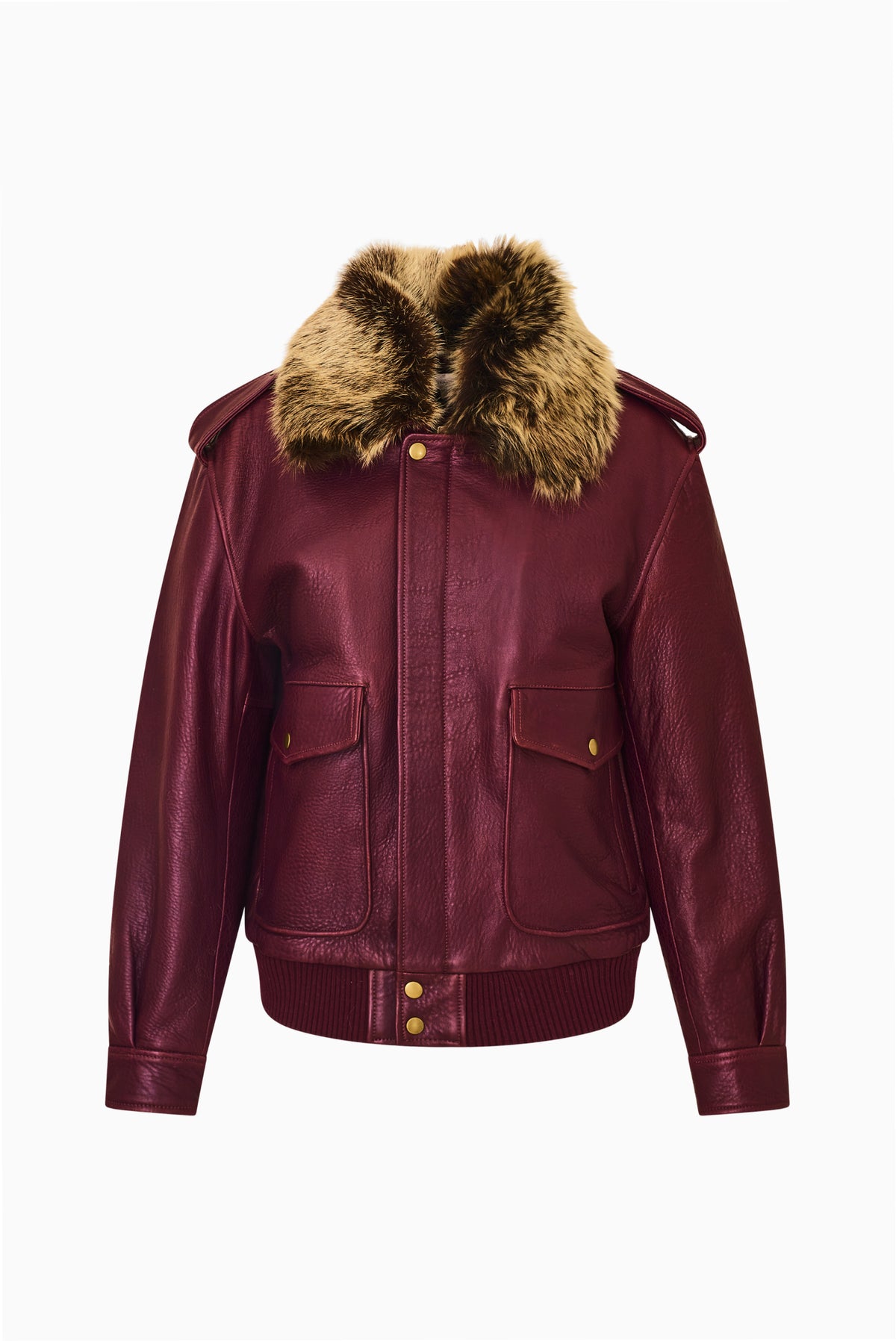 Faded merlot leather bomber jacket with faux fur collar, ribbed cuffs and hem