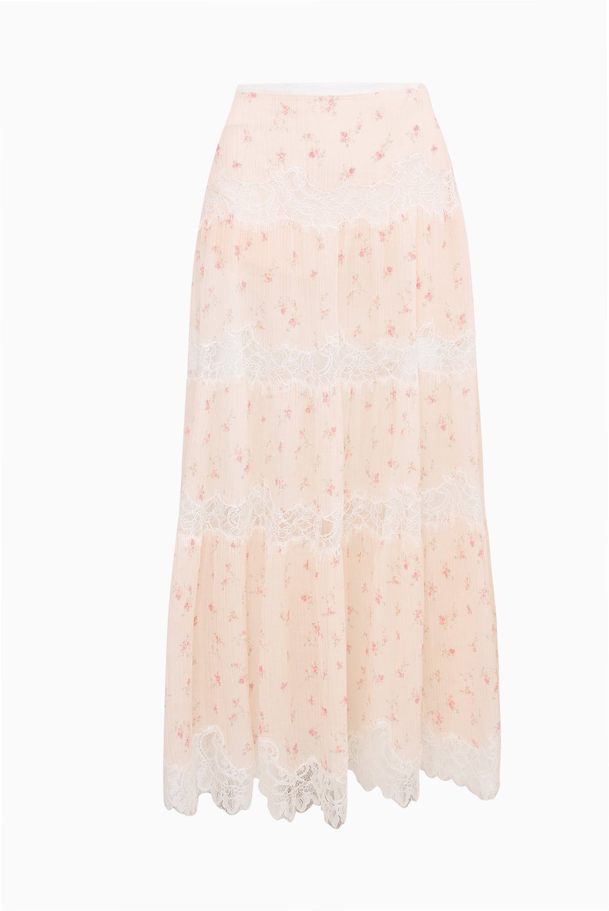 Light pink cotton-silk lace maxi skirt with allover lace ruffle tiers