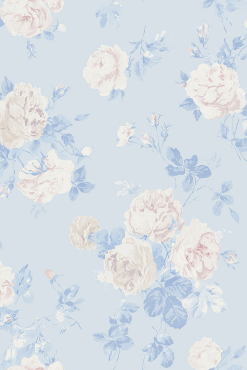 Whisper blue peel-and-stick wallpaper close-up floral pattern in pale blue and white