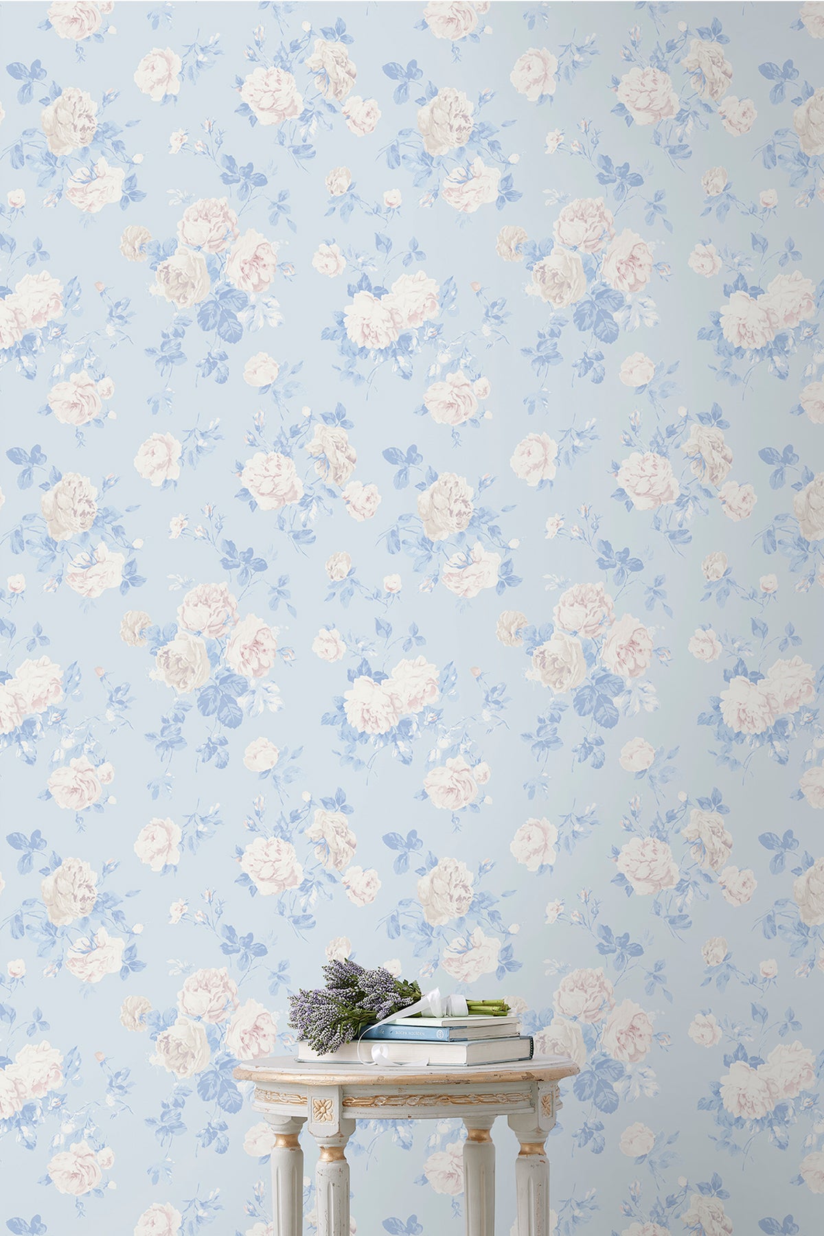 Whisper blue peel-and-stick wallpaper, pale blue and white floral pattern
