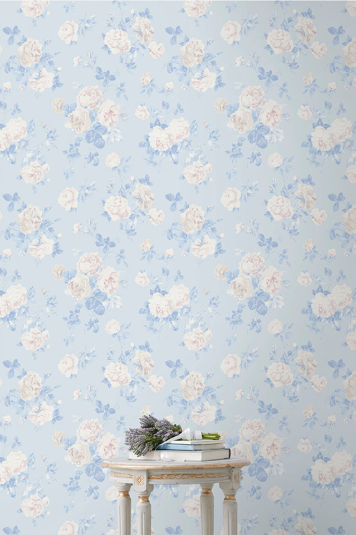 Whisper blue peel-and-stick wallpaper, pale blue and white floral pattern