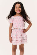 Girls pink ruffle blouse top with puff sleeves and smocked bodice