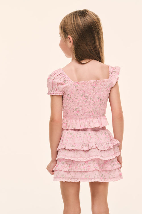Girls' pink floral tiered mini skirt with back ruffle tiers