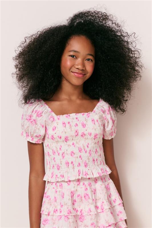 Girls heirloom print top, pink floral square neckline with ruffled waist