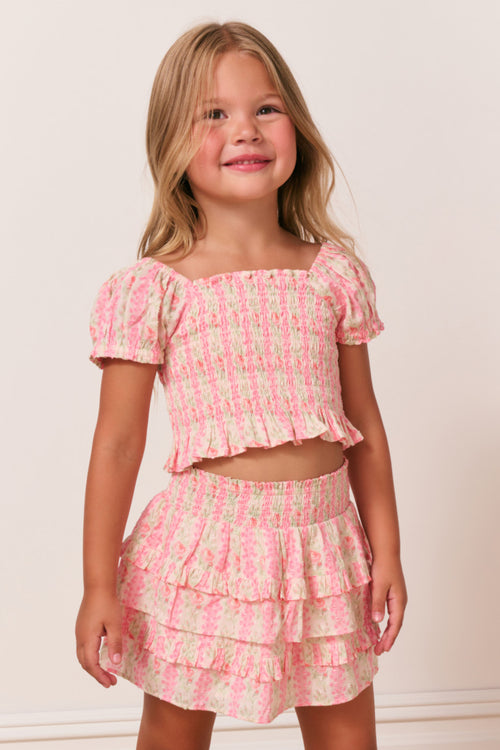 Girls heirloom print top, pink floral print with ruffled tiers and puff sleeves