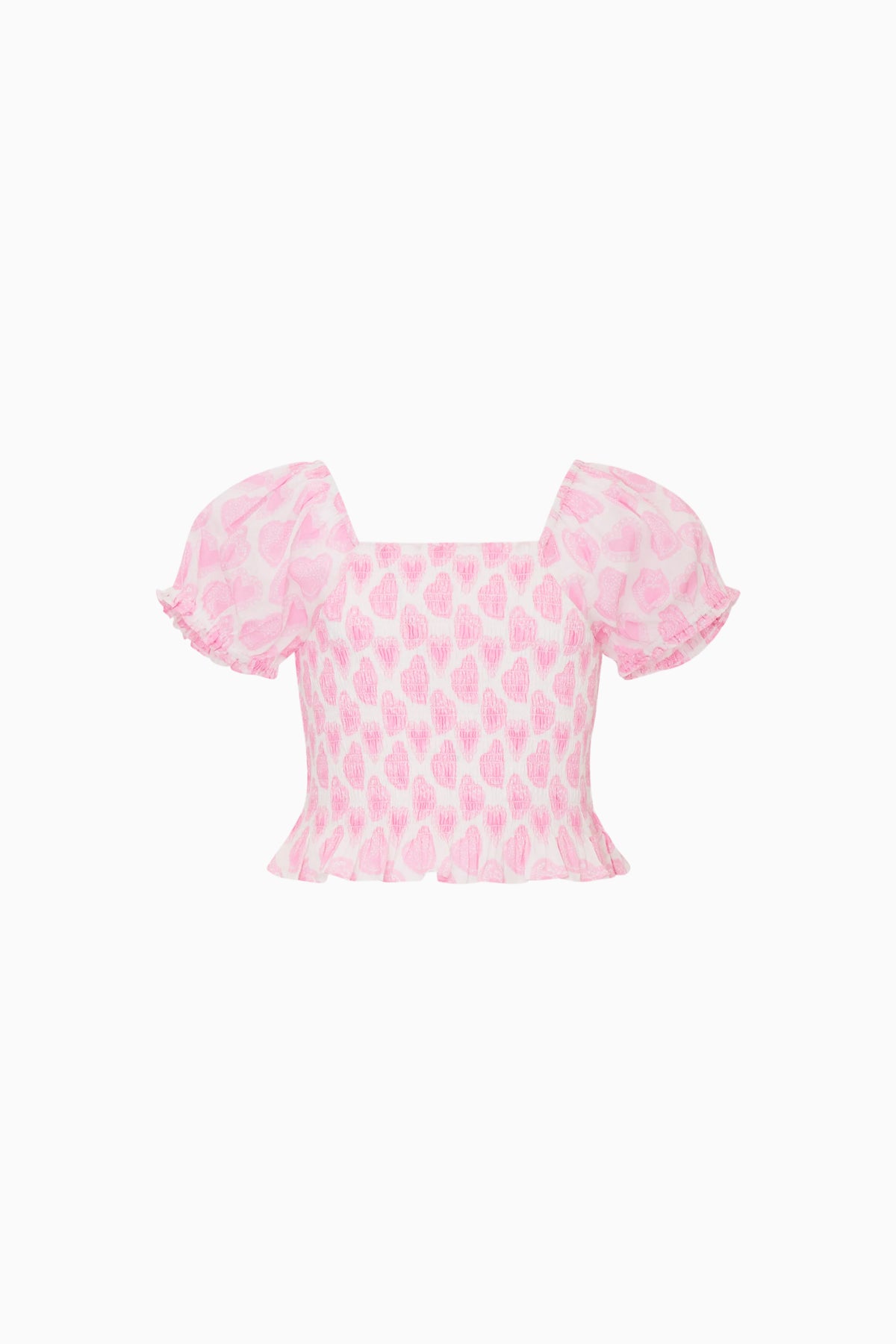 Tween pink heart-print top with short puff sleeves and ruffled hem