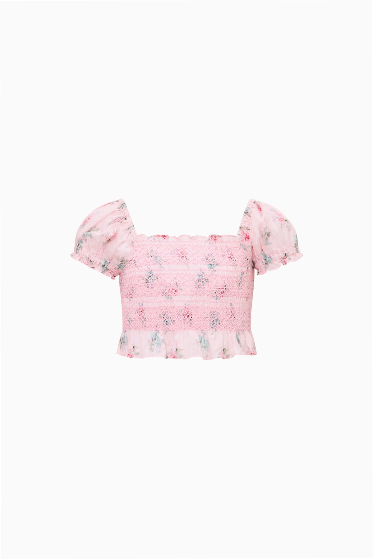Girls pink square-neck ruffle blouse with puff sleeves, flat lay