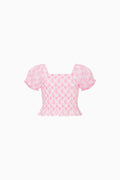 Girls pink heart-print top with puff sleeves and layered ruffle peplum hem