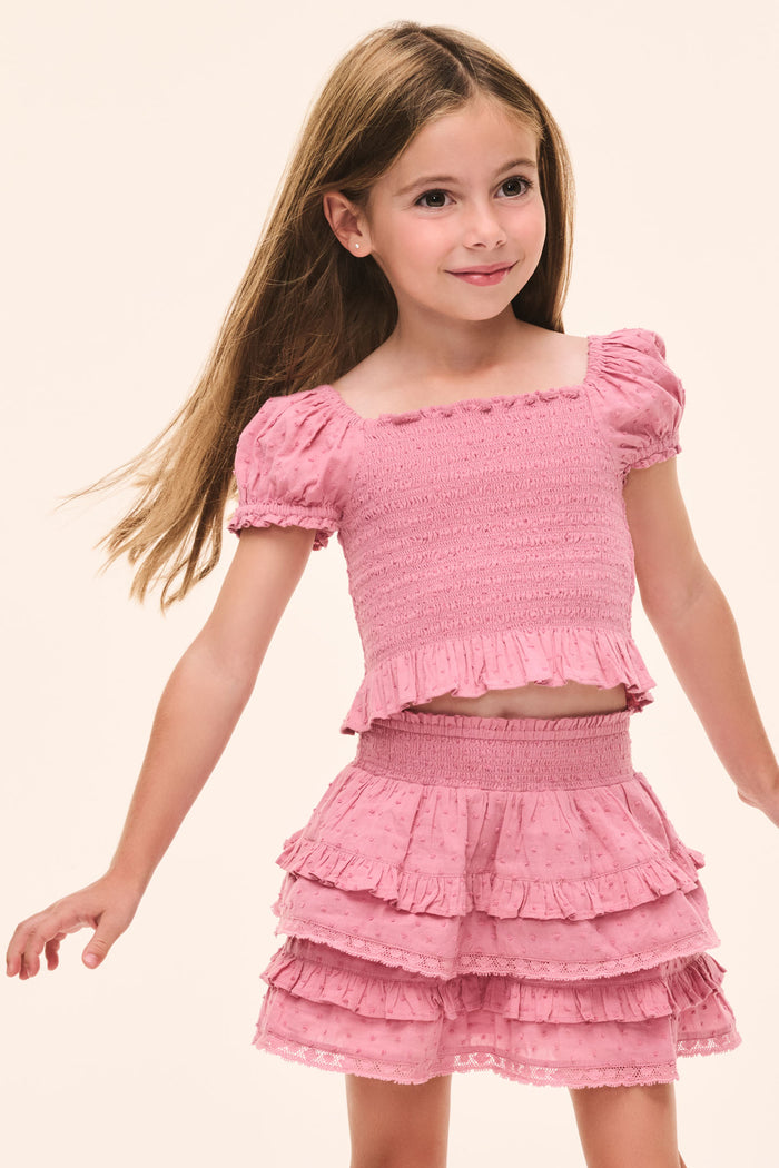 Girls’ pink square-neck smocked top with puff sleeves and ruffle-trim hem