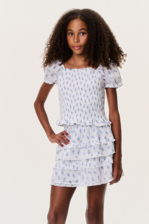 Light blue printed ruffle mini skirt with tiered layers